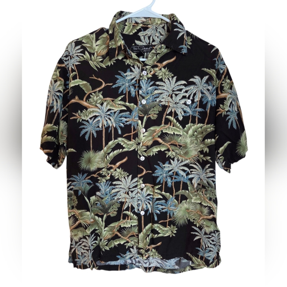 Tori Richard Hawaiian Button Down Shirt Mens Small Palm Trees Black Green Resort